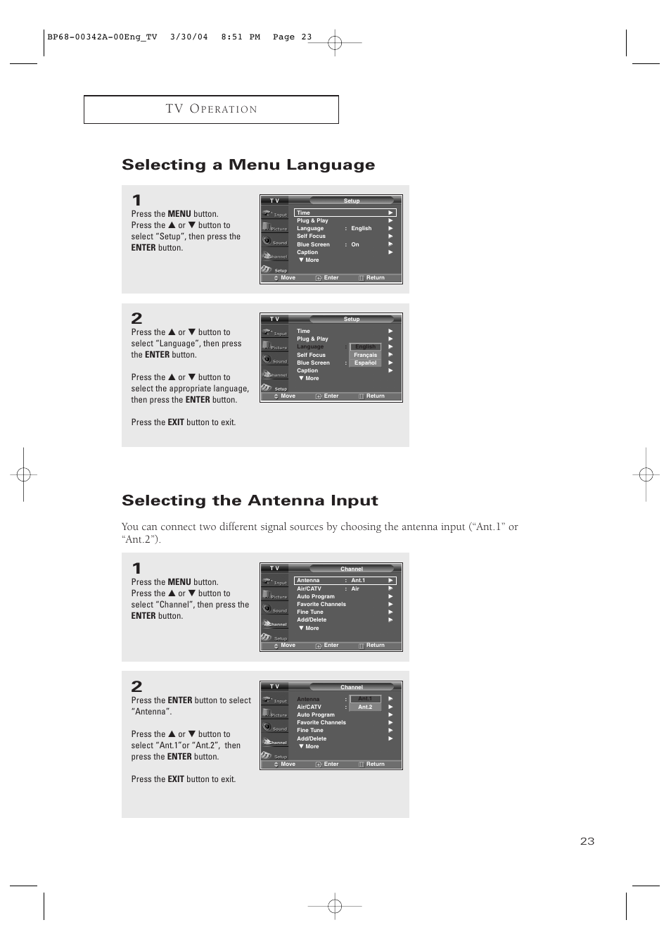 Selecting a menu language, Selecting the antenna input, T v o | P e r at i o n | Samsung HC-P4363W User Manual | Page 23 / 92