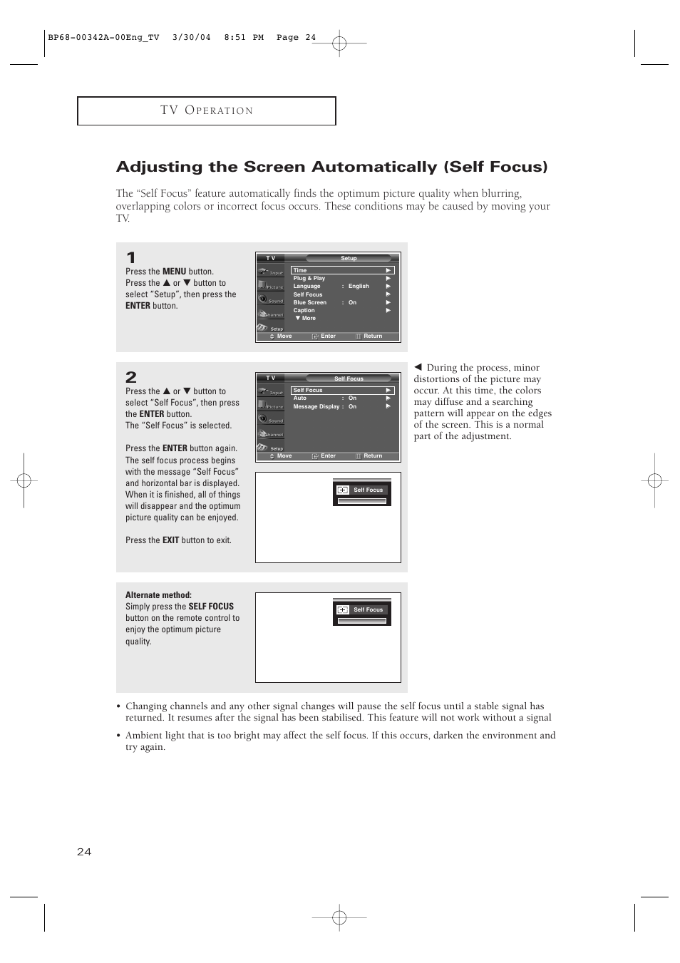 Adjusting the screen automatically (self focus), T v o, P e r at i o n | Samsung HC-P4363W User Manual | Page 24 / 92
