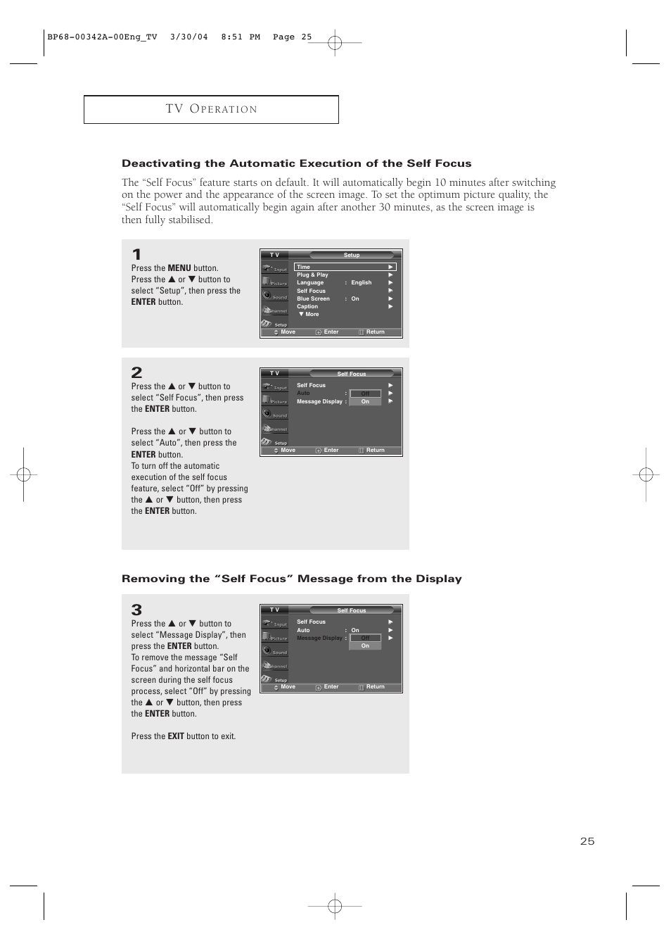 Removing the “self focus” message from the display, T v o | Samsung HC-P4363W User Manual | Page 25 / 92