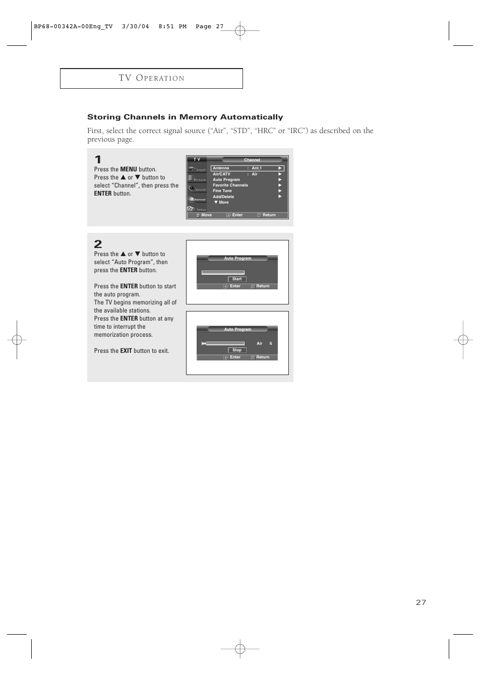 Storing channels in memory automatically, T v o | Samsung HC-P4363W User Manual | Page 27 / 92