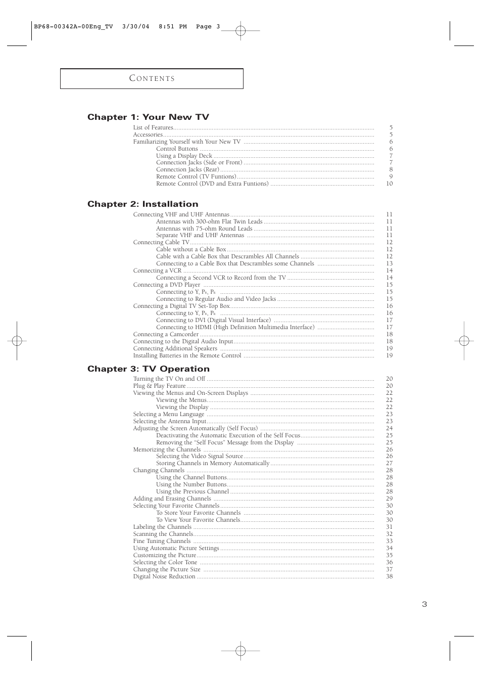 Chapter 1: your new tv, Chapter 2: installation, Chapter 3: tv operation | Samsung HC-P4363W User Manual | Page 3 / 92