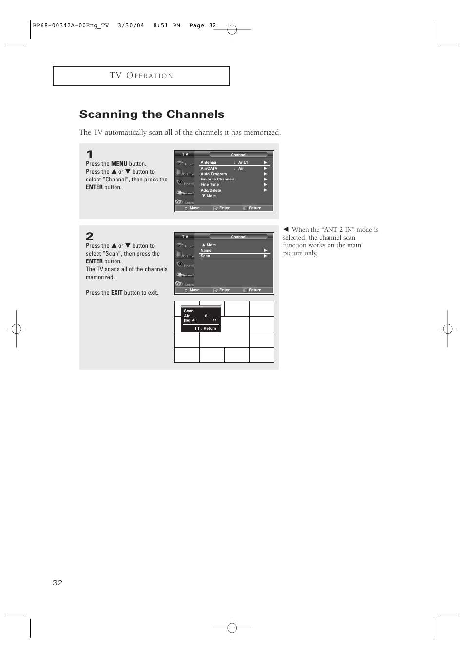 Scanning the channels, T v o | Samsung HC-P4363W User Manual | Page 32 / 92