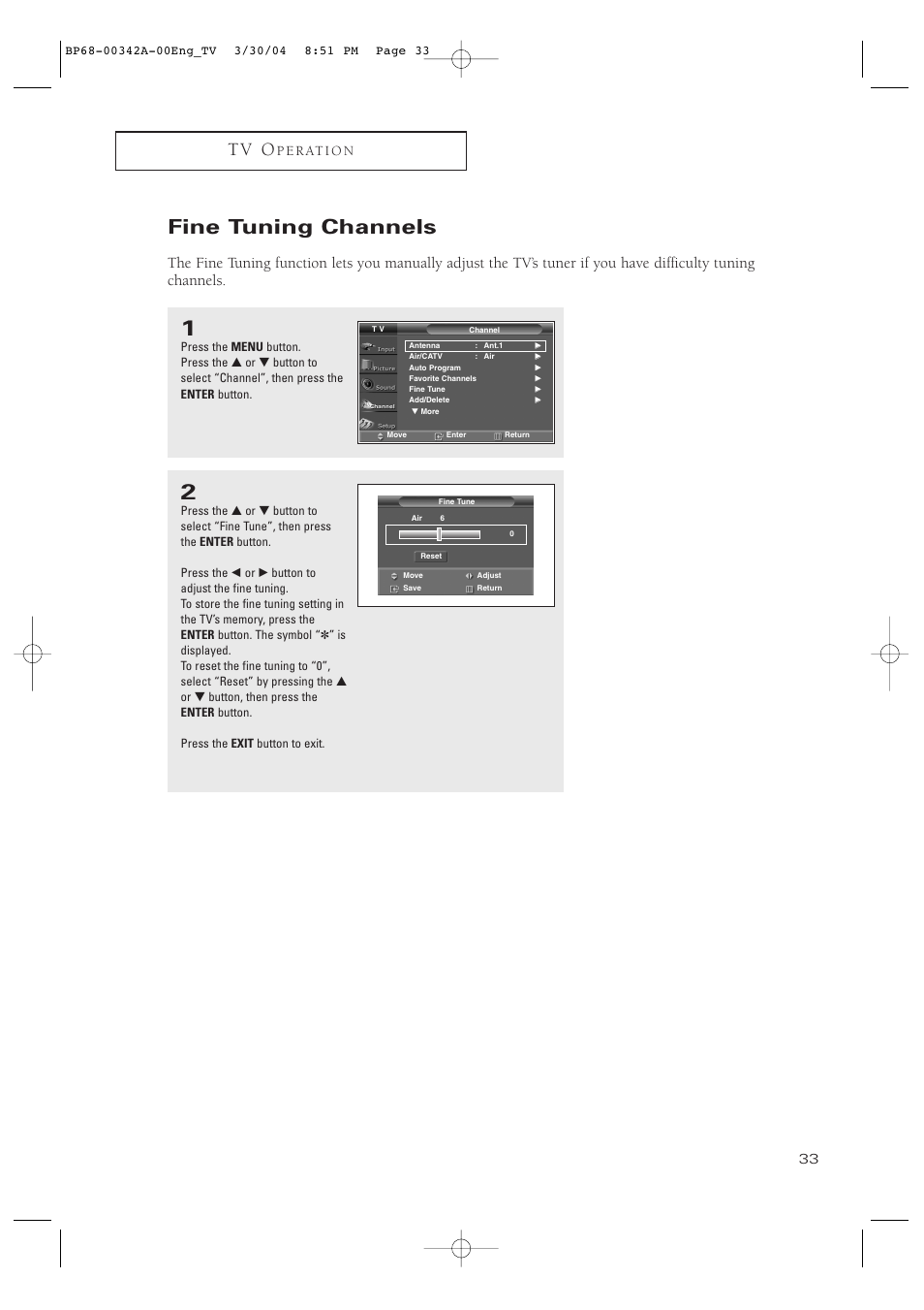 Fine tuning channels, T v o, P e r at i o n | Samsung HC-P4363W User Manual | Page 33 / 92