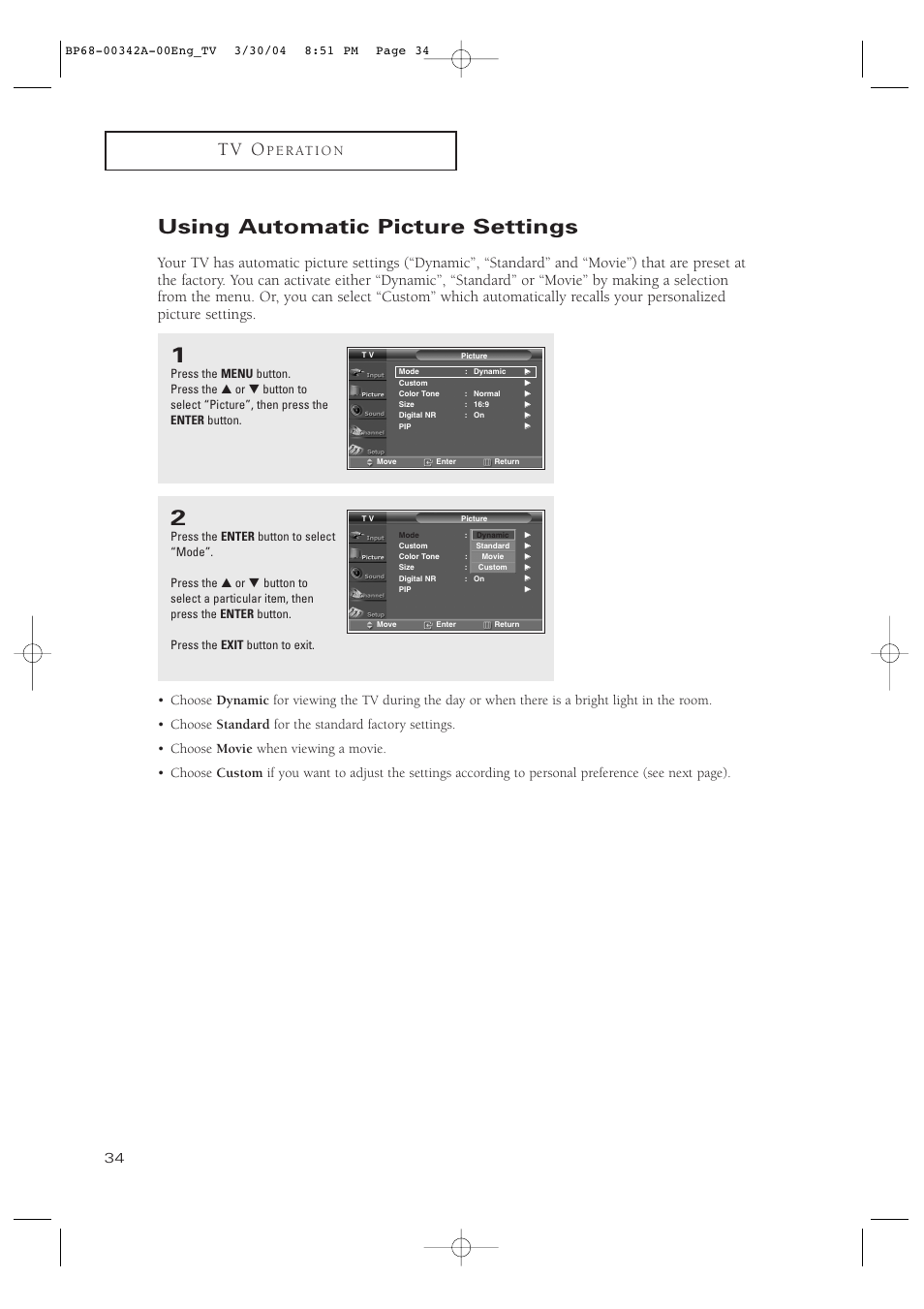 Using automatic picture settings, T v o | Samsung HC-P4363W User Manual | Page 34 / 92