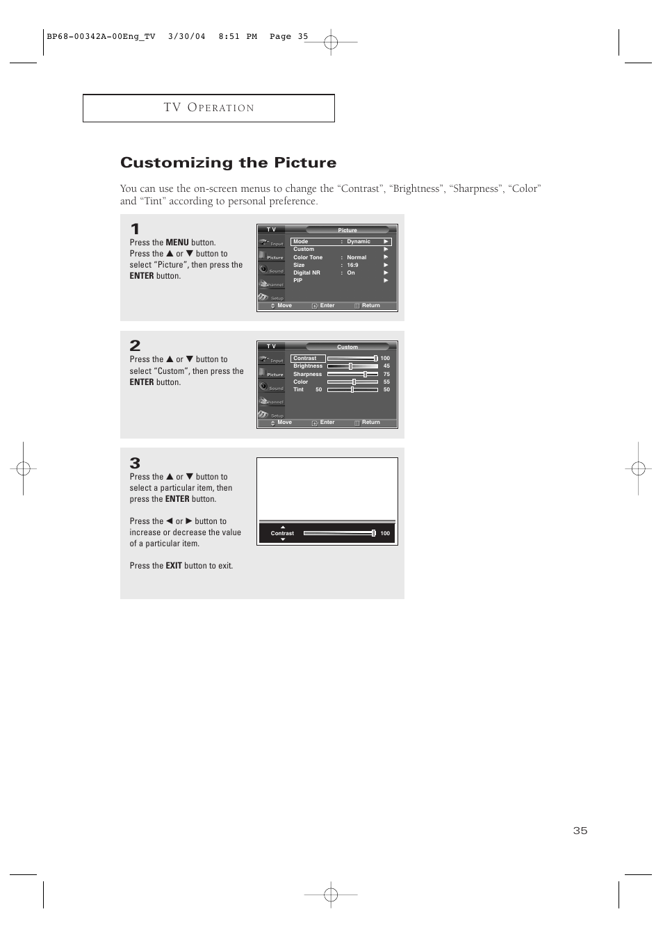 Customizing the picture, T v o, P e r at i o n | Samsung HC-P4363W User Manual | Page 35 / 92