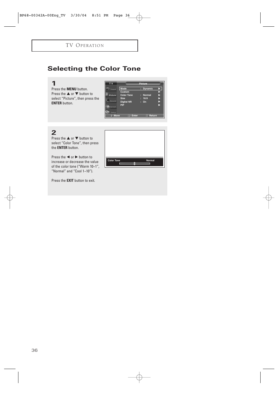 Selecting the color tone, T v o | Samsung HC-P4363W User Manual | Page 36 / 92