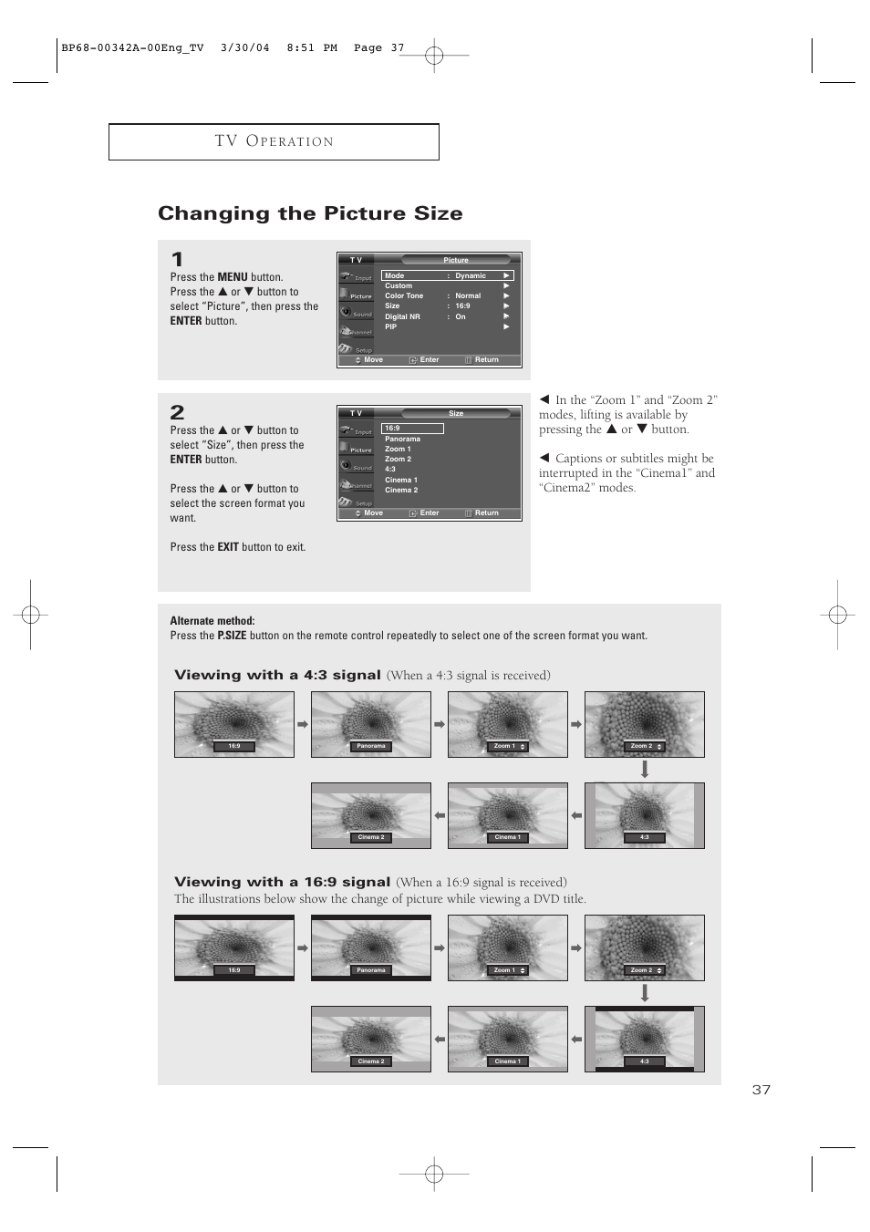 Changing the picture size, T v o, P e r at i o n | Samsung HC-P4363W User Manual | Page 37 / 92