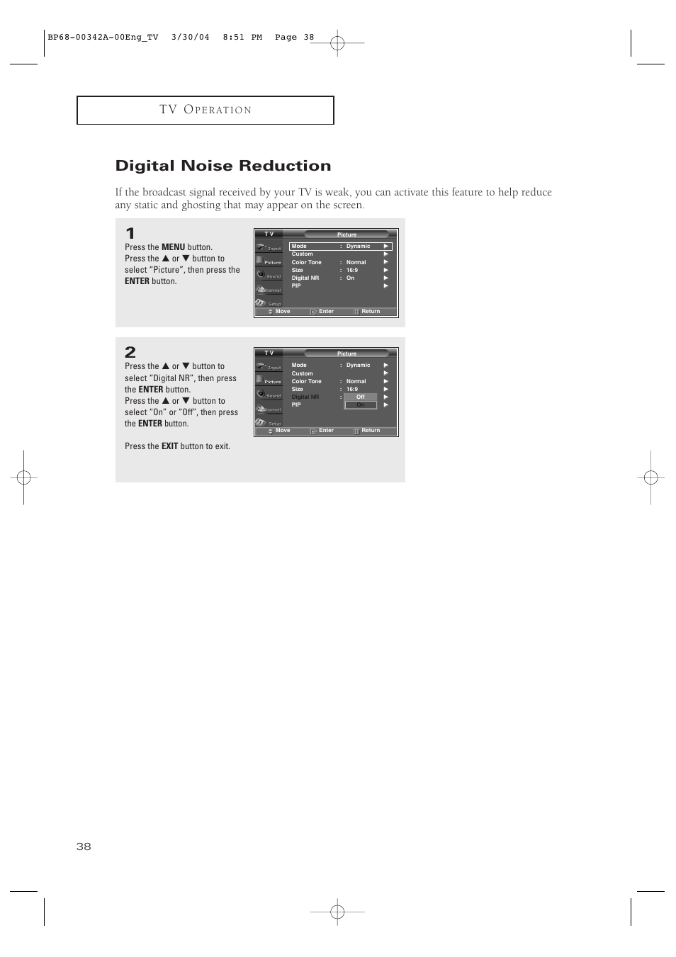 Digital noise reduction, T v o | Samsung HC-P4363W User Manual | Page 38 / 92