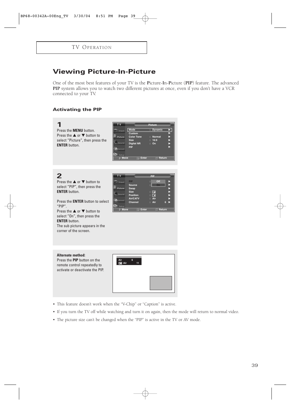 Viewing picture-in-picture, Activating the pip, T v o | P e r at i o n | Samsung HC-P4363W User Manual | Page 39 / 92
