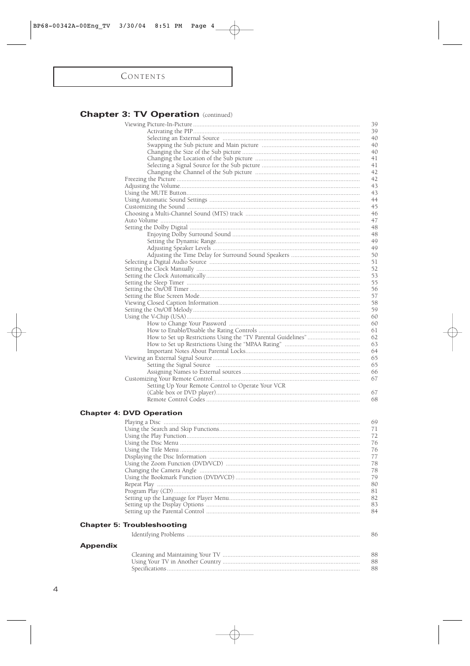 Chapter 3: tv operation | Samsung HC-P4363W User Manual | Page 4 / 92