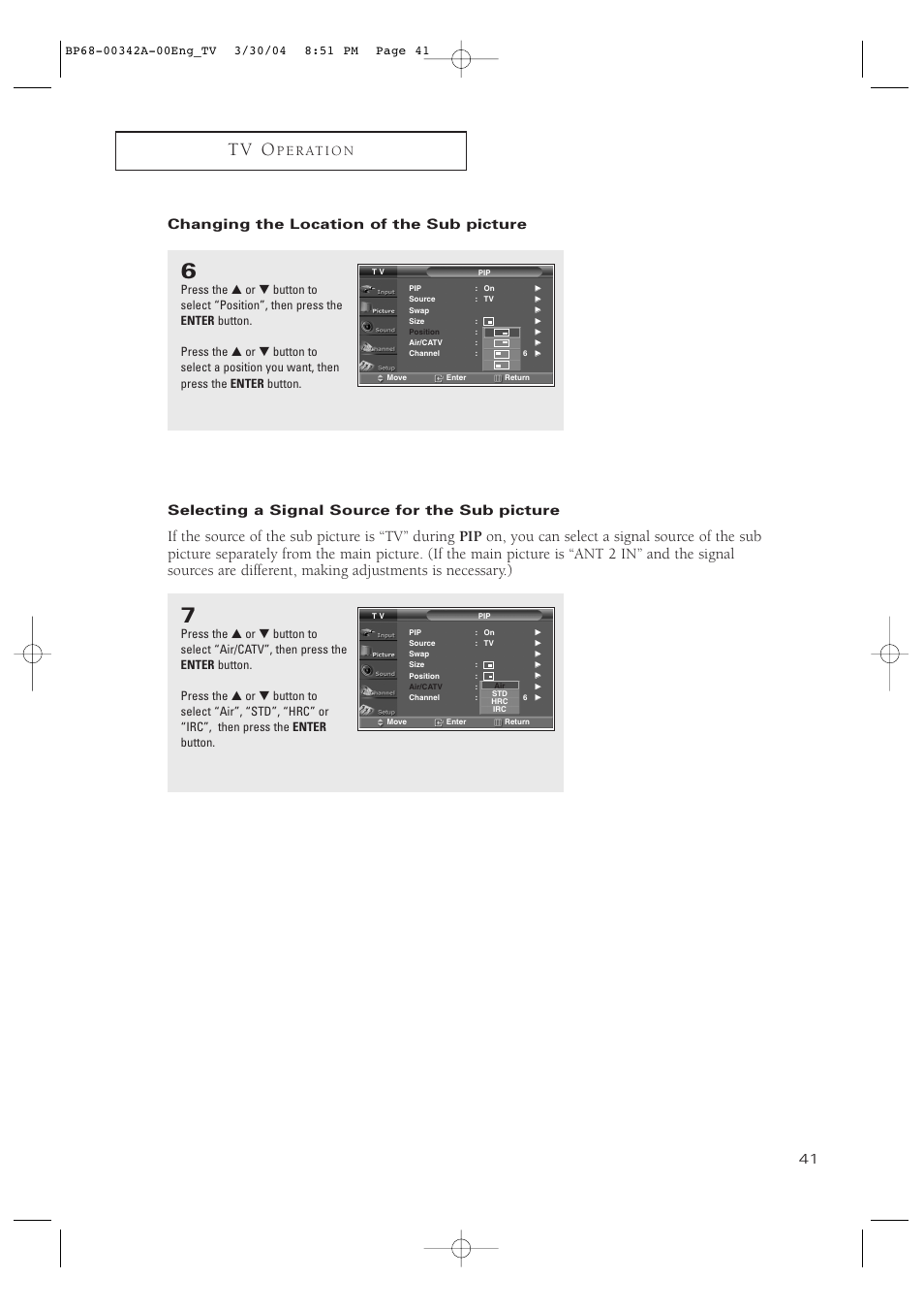 Changing the location of the sub picture, Selecting a signal source for the sub picture, T v o | P e r at i o n | Samsung HC-P4363W User Manual | Page 41 / 92