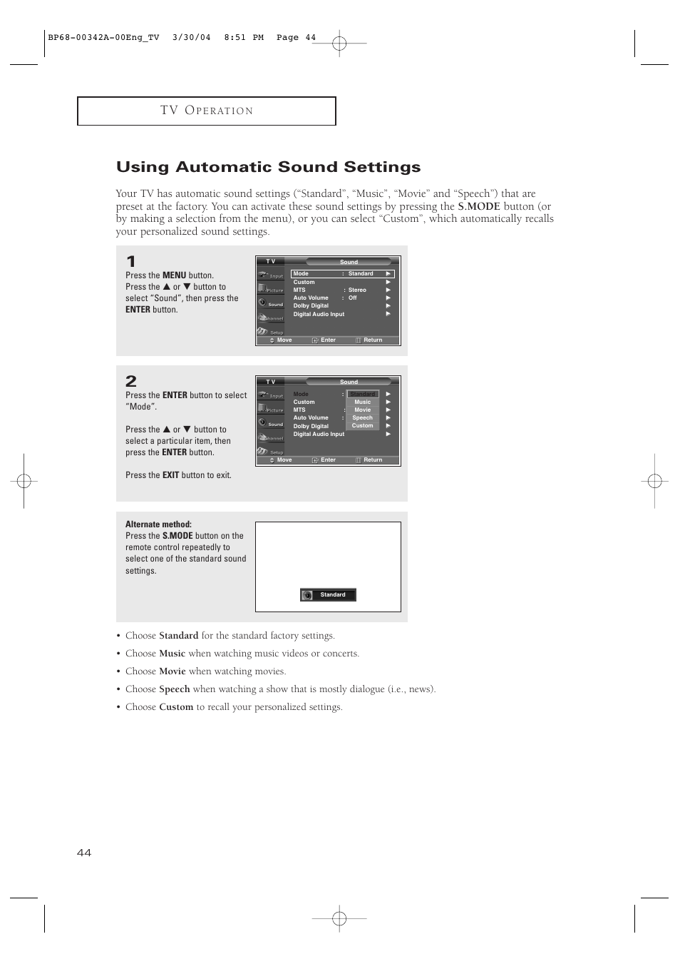 Using automatic sound settings, T v o, P e r at i o n | Samsung HC-P4363W User Manual | Page 44 / 92