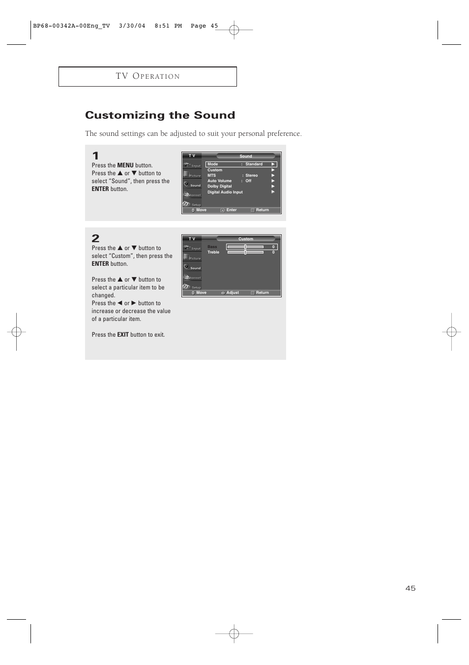 Customizing the sound, T v o, P e r at i o n | Samsung HC-P4363W User Manual | Page 45 / 92