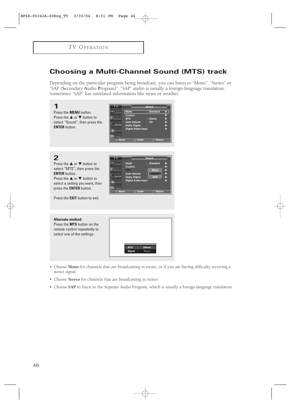 Choosing a multi-channel sound (mts) track, T v o | Samsung HC-P4363W User Manual | Page 46 / 92