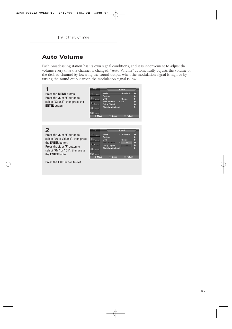 Auto volume, T v o, P e r at i o n | Samsung HC-P4363W User Manual | Page 47 / 92
