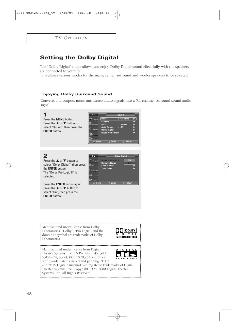 Setting the dolby digital, Enjoying dolby surround sound, T v o | Samsung HC-P4363W User Manual | Page 48 / 92