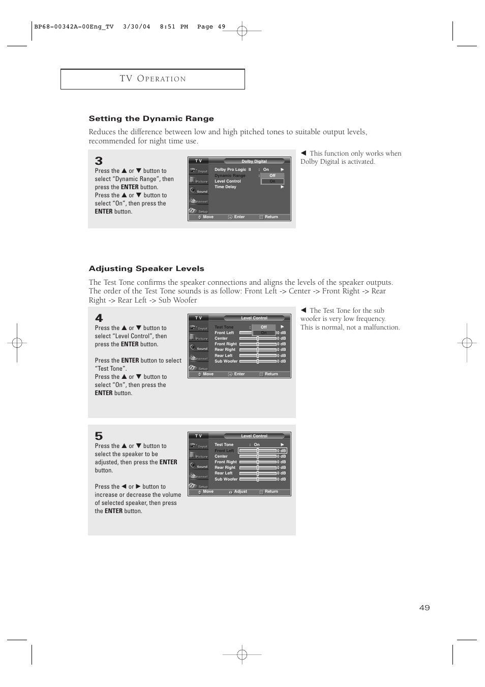 Setting the dynamic range, Adjusting speaker levels, T v o | P e r at i o n | Samsung HC-P4363W User Manual | Page 49 / 92