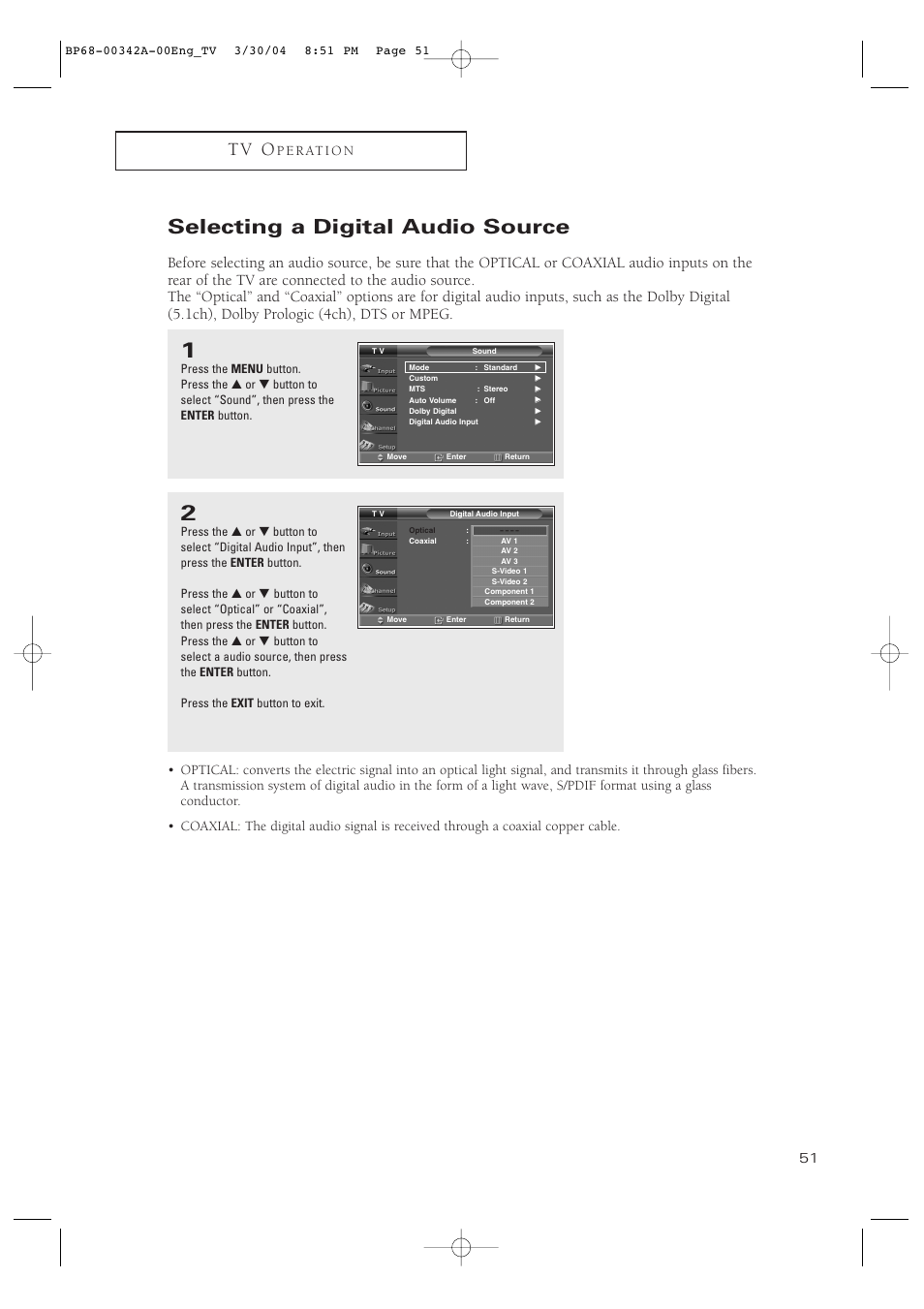 Selecting a digital audio source, T v o, P e r at i o n | Samsung HC-P4363W User Manual | Page 51 / 92