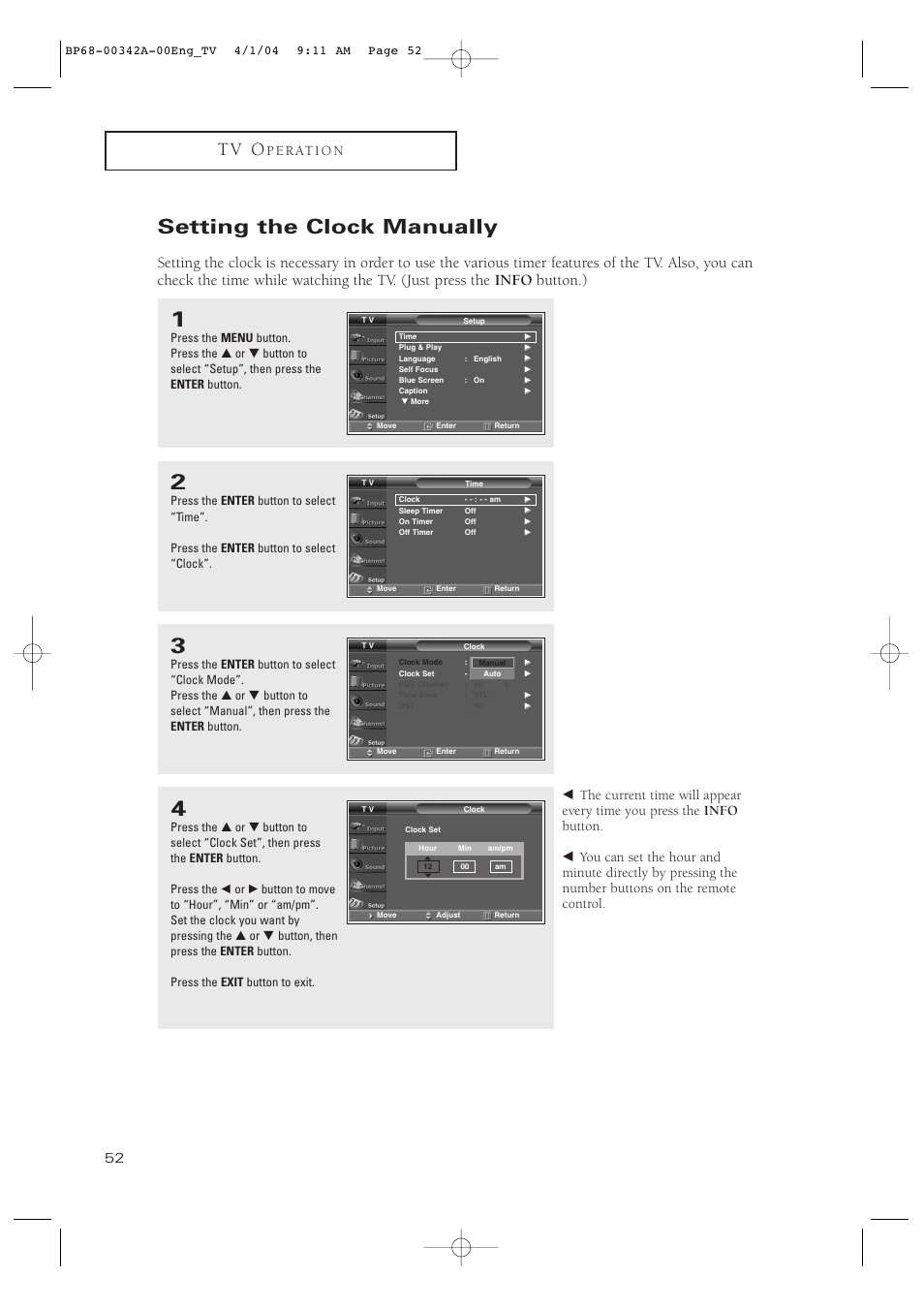 Setting the clock manually, T v o | Samsung HC-P4363W User Manual | Page 52 / 92