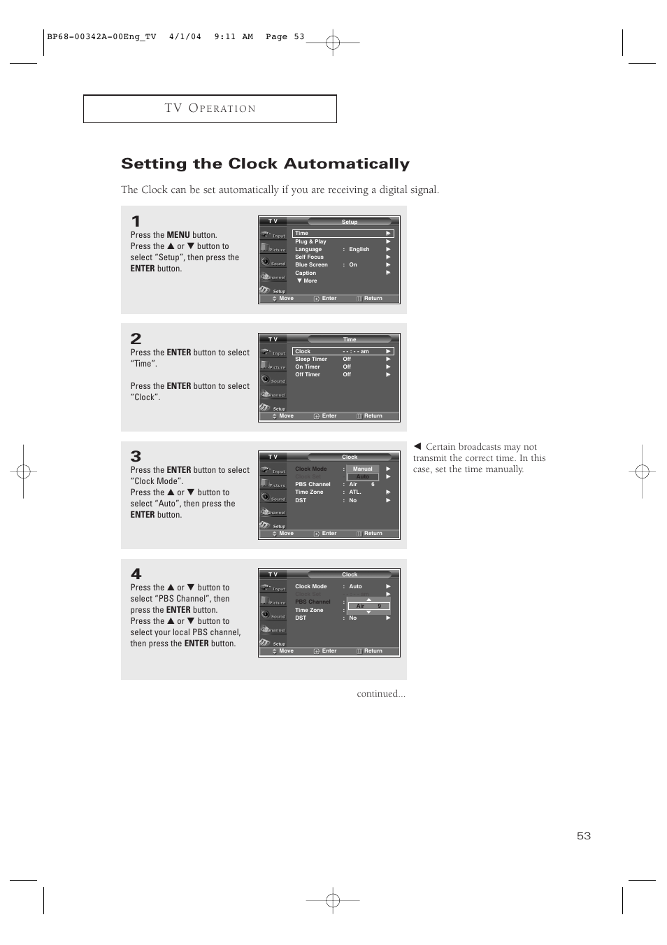 Setting the clock automatically, T v o, P e r at i o n | Continued | Samsung HC-P4363W User Manual | Page 53 / 92