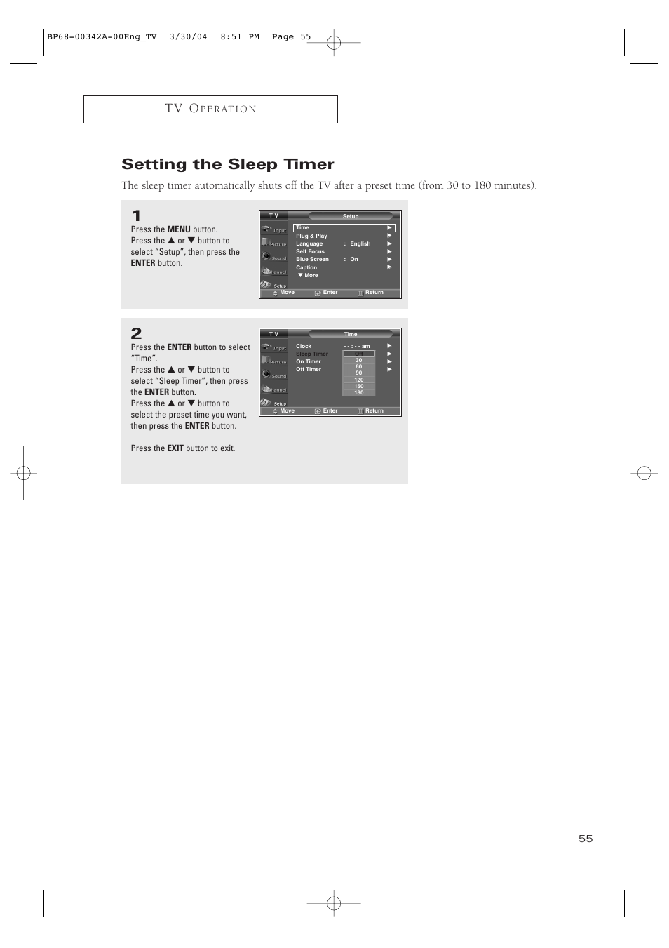 Setting the sleep timer, T v o, P e r at i o n | Samsung HC-P4363W User Manual | Page 55 / 92