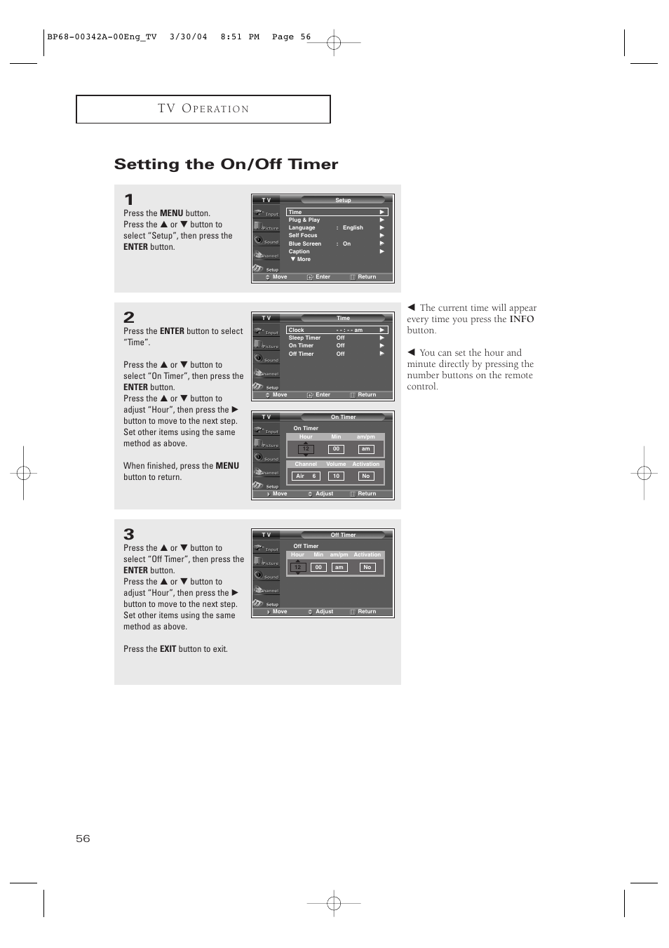 Setting the on/off timer, T v o | Samsung HC-P4363W User Manual | Page 56 / 92