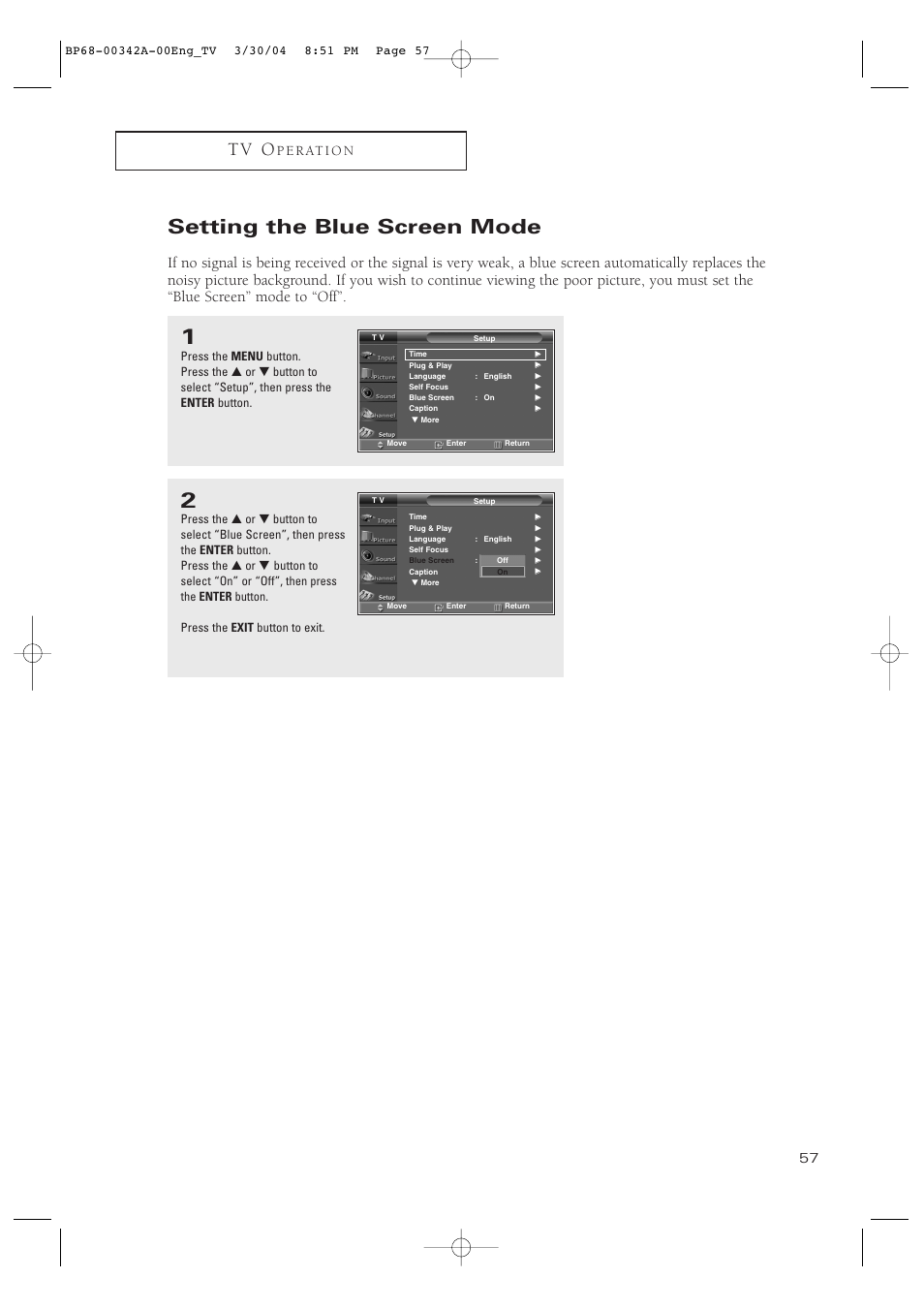 Setting the blue screen mode, T v o, P e r at i o n | Samsung HC-P4363W User Manual | Page 57 / 92