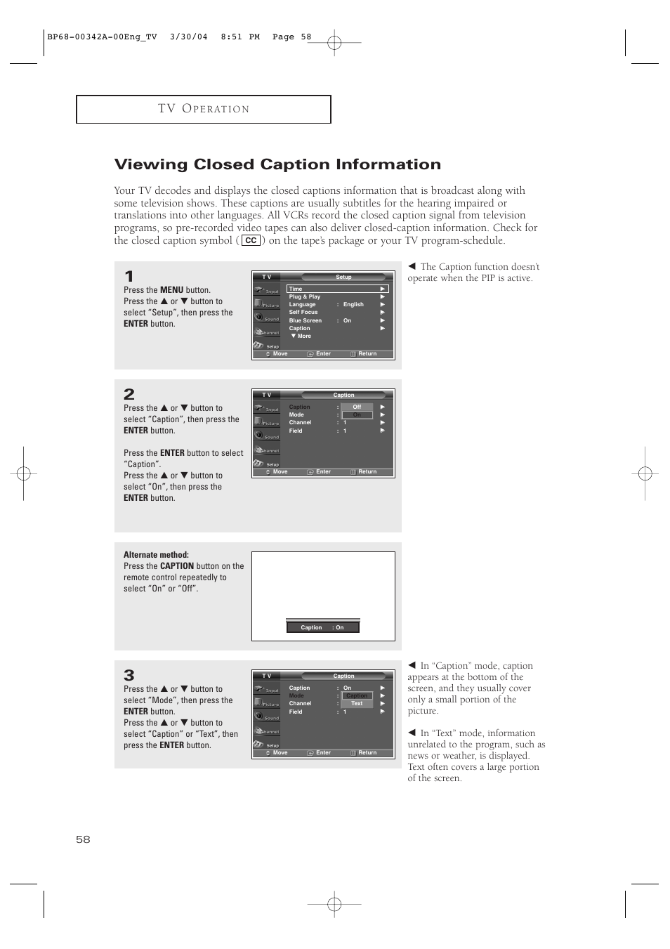 Viewing closed caption information, T v o, P e r at i o n | Samsung HC-P4363W User Manual | Page 58 / 92