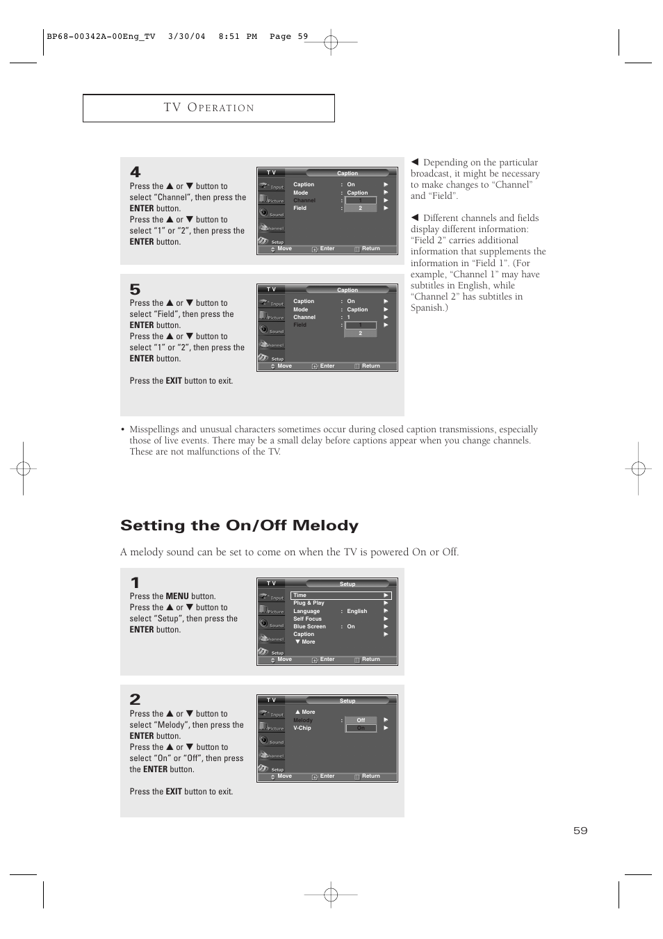 Setting the on/off melody, T v o, P e r at i o n | Samsung HC-P4363W User Manual | Page 59 / 92