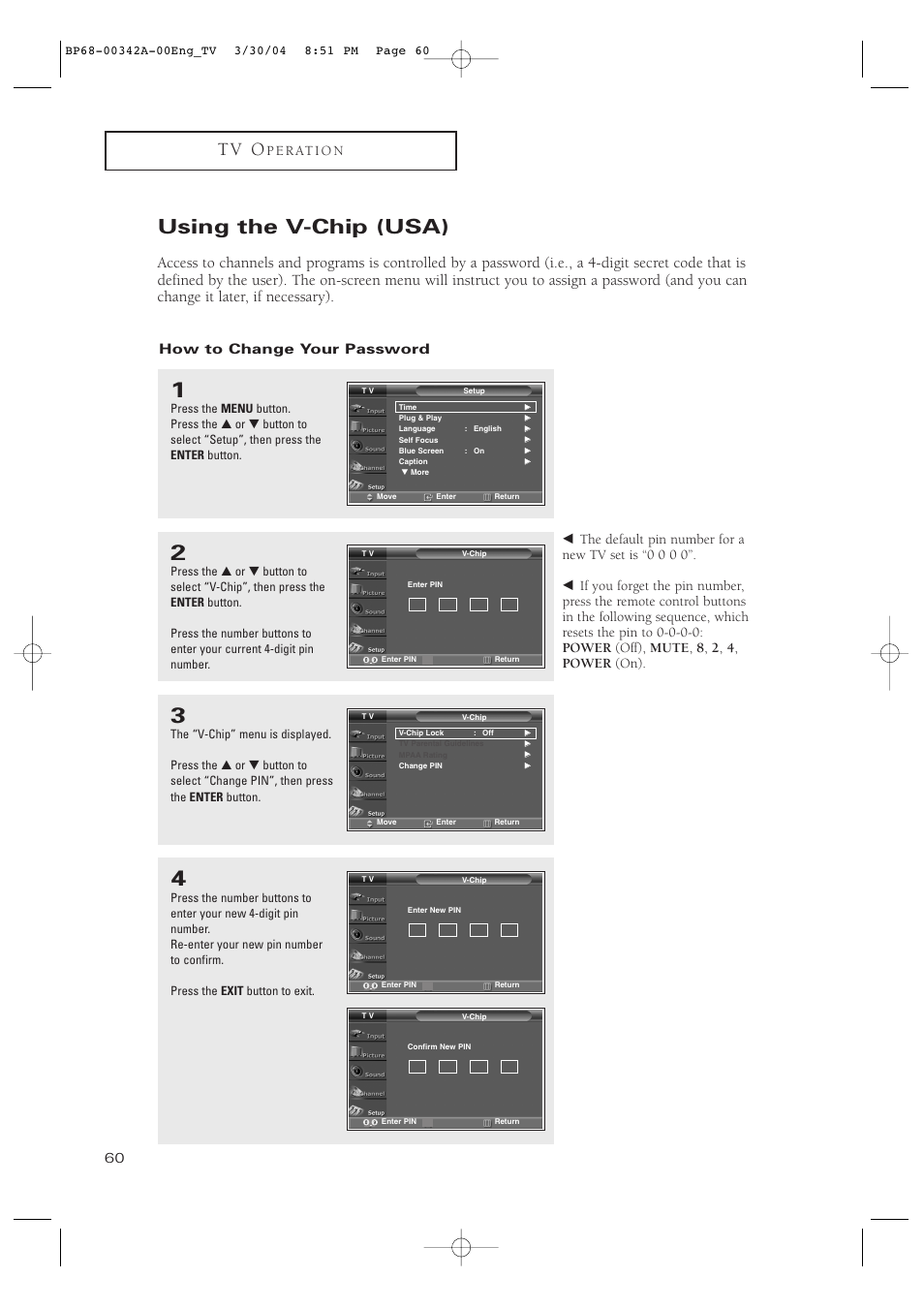 Using the v-chip (usa), How to change your password, T v o | P e r at i o n | Samsung HC-P4363W User Manual | Page 60 / 92