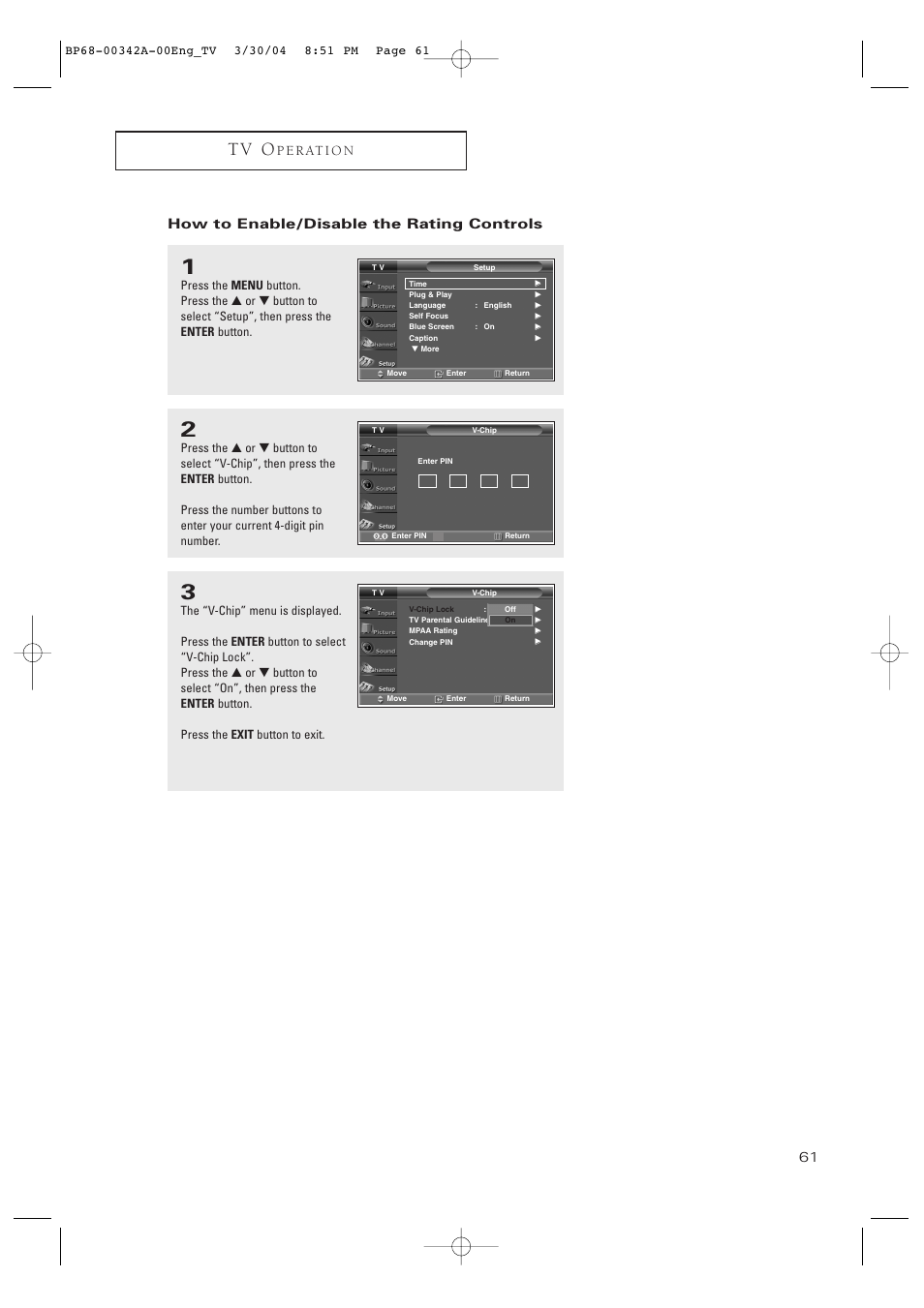 How to enable/disable the rating controls, T v o | Samsung HC-P4363W User Manual | Page 61 / 92