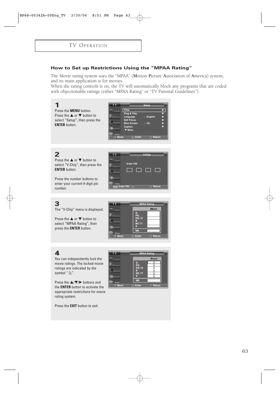 How to set up restrictions using the “mpaa rating, T v o | Samsung HC-P4363W User Manual | Page 63 / 92