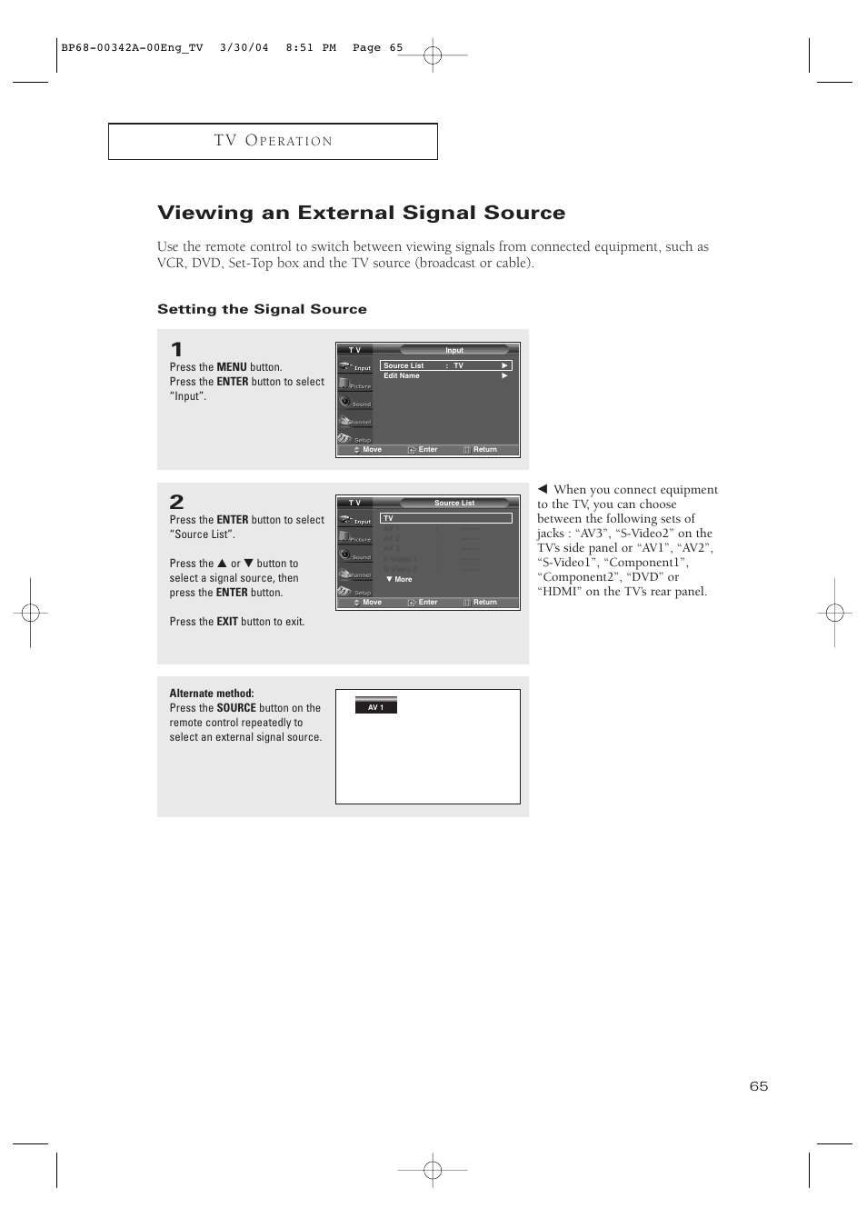 Viewing an external signal source, Setting the signal source, T v o | P e r at i o n | Samsung HC-P4363W User Manual | Page 65 / 92