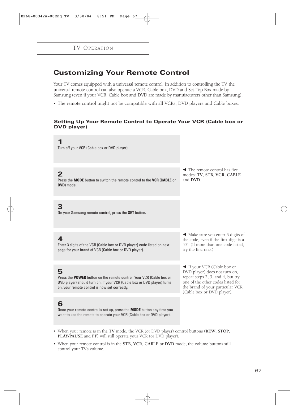 Customizing your remote control | Samsung HC-P4363W User Manual | Page 67 / 92