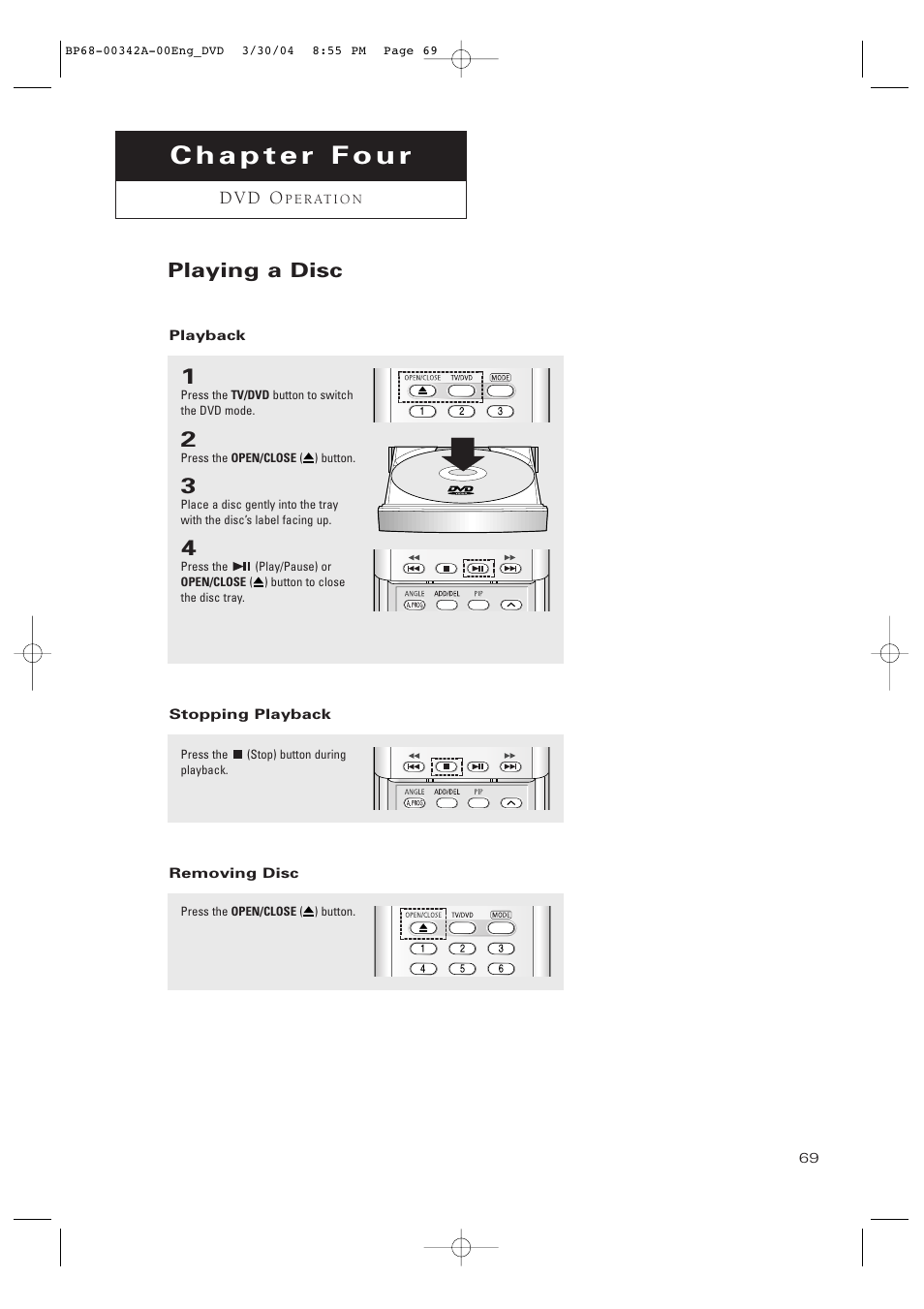 Chapter 4: dvd operation, Playing a disc, D v d o | Samsung HC-P4363W User Manual | Page 69 / 92