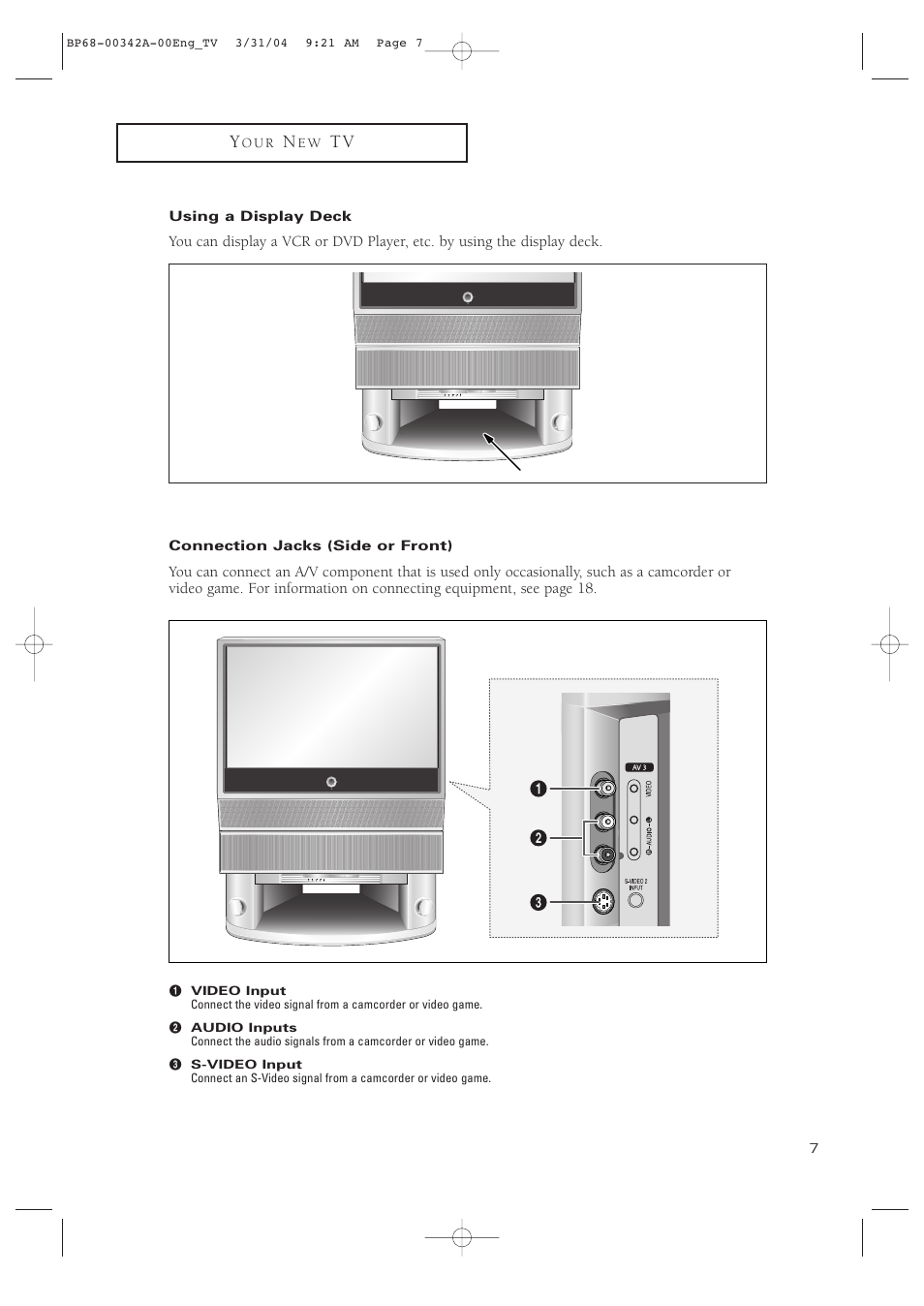 Using a display deck, Connection jacks (side or front) | Samsung HC-P4363W User Manual | Page 7 / 92