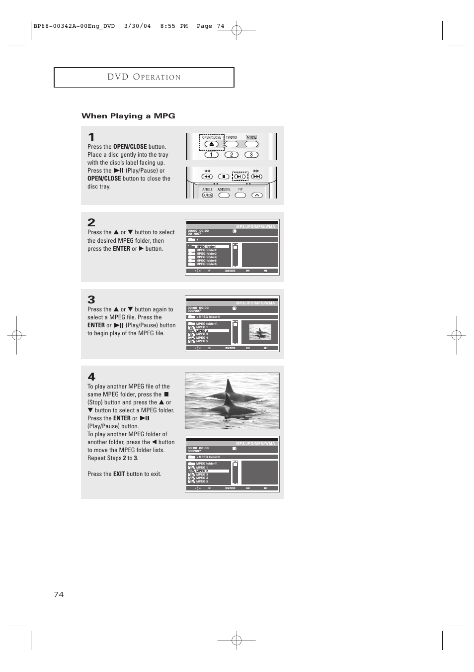 D v d o, When playing a mpg | Samsung HC-P4363W User Manual | Page 74 / 92