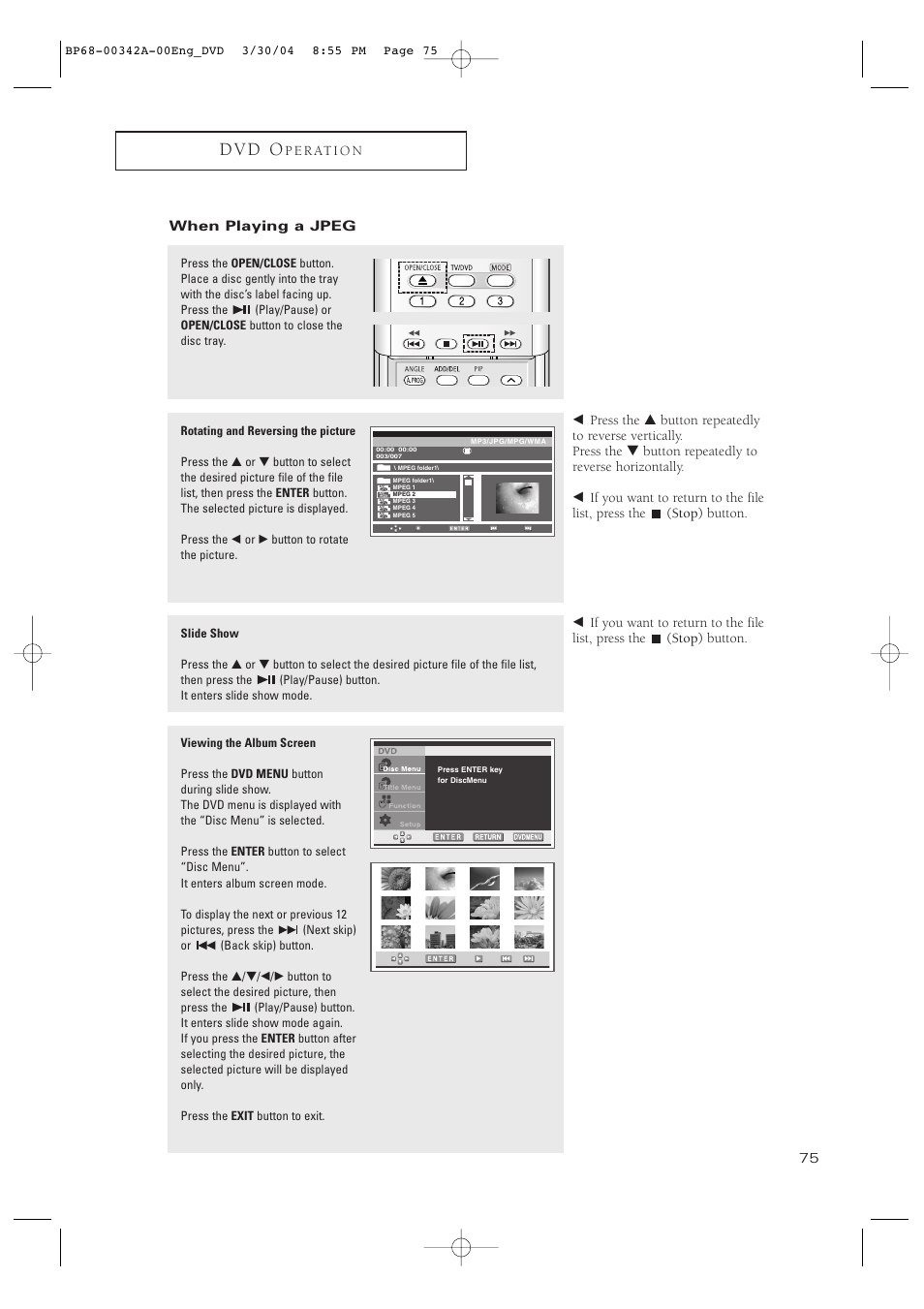 D v d o, P e r at i o n, When playing a jpeg | Samsung HC-P4363W User Manual | Page 75 / 92