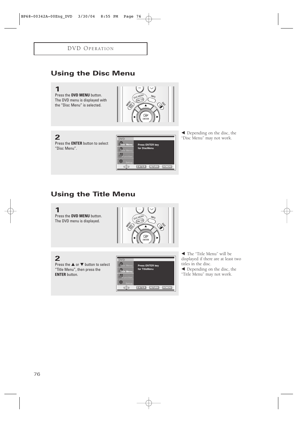 Using the disc menu, Using the title menu, D v d o | Samsung HC-P4363W User Manual | Page 76 / 92