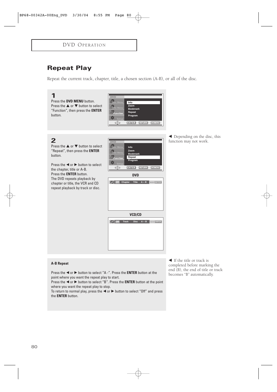 Repeat play, D v d o | Samsung HC-P4363W User Manual | Page 80 / 92