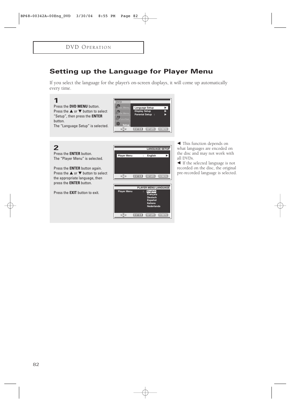 Setting up the language for player menu, D v d o | Samsung HC-P4363W User Manual | Page 82 / 92
