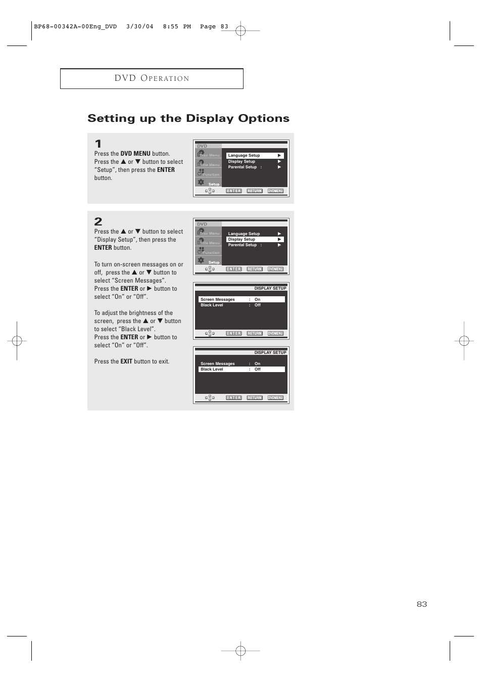 Setting up the display options, D v d o, P e r at i o n | Samsung HC-P4363W User Manual | Page 83 / 92