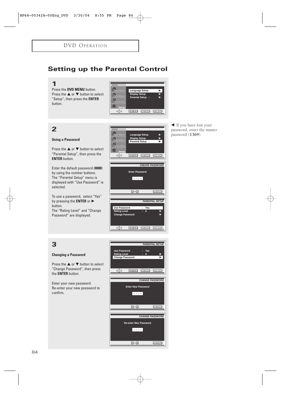 Setting up the parental control, D v d o | Samsung HC-P4363W User Manual | Page 84 / 92