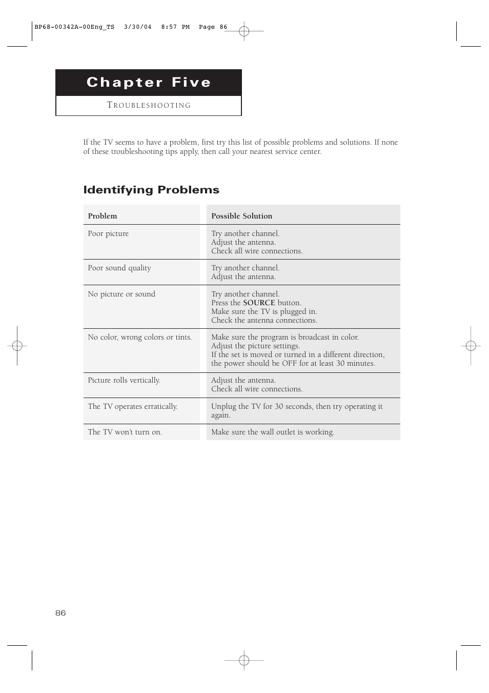 Chapter 5: troubleshooting, Identifying problems | Samsung HC-P4363W User Manual | Page 86 / 92