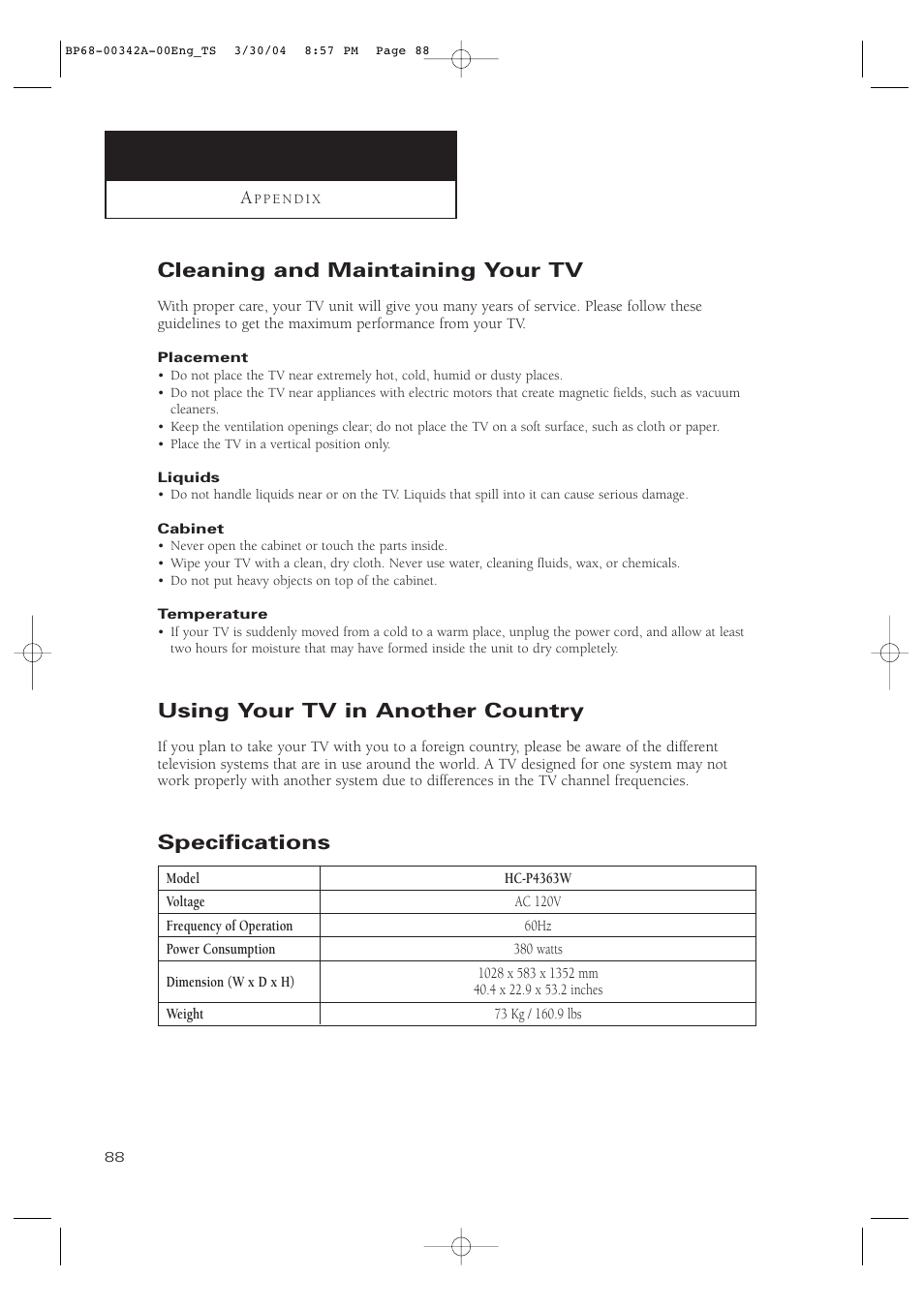 Appendix, Cleaning and maintaining your tv, Using your tv in another country | Specifications | Samsung HC-P4363W User Manual | Page 88 / 92