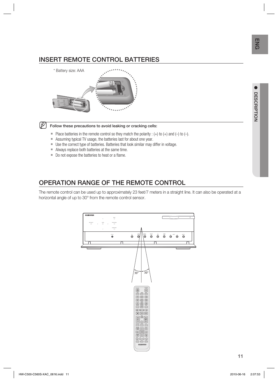 Insert remote control batteries, Operation range of the remote control, Description | Battery size: aaa | Samsung HW-C500 User Manual | Page 11 / 57