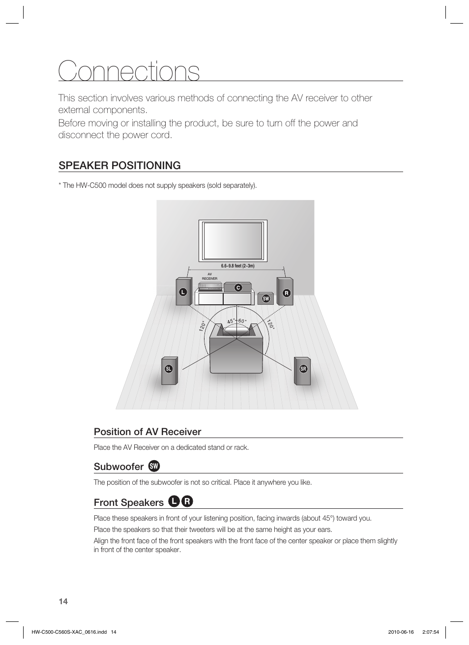 Connections, Speaker positioning, Position of av receiver | Subwoofer, Front speakers | Samsung HW-C500 User Manual | Page 14 / 57