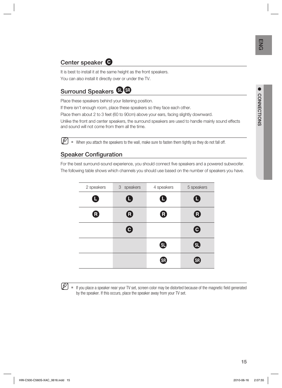 Center speaker, Surround speakers, Speaker conﬁ guration | Samsung HW-C500 User Manual | Page 15 / 57