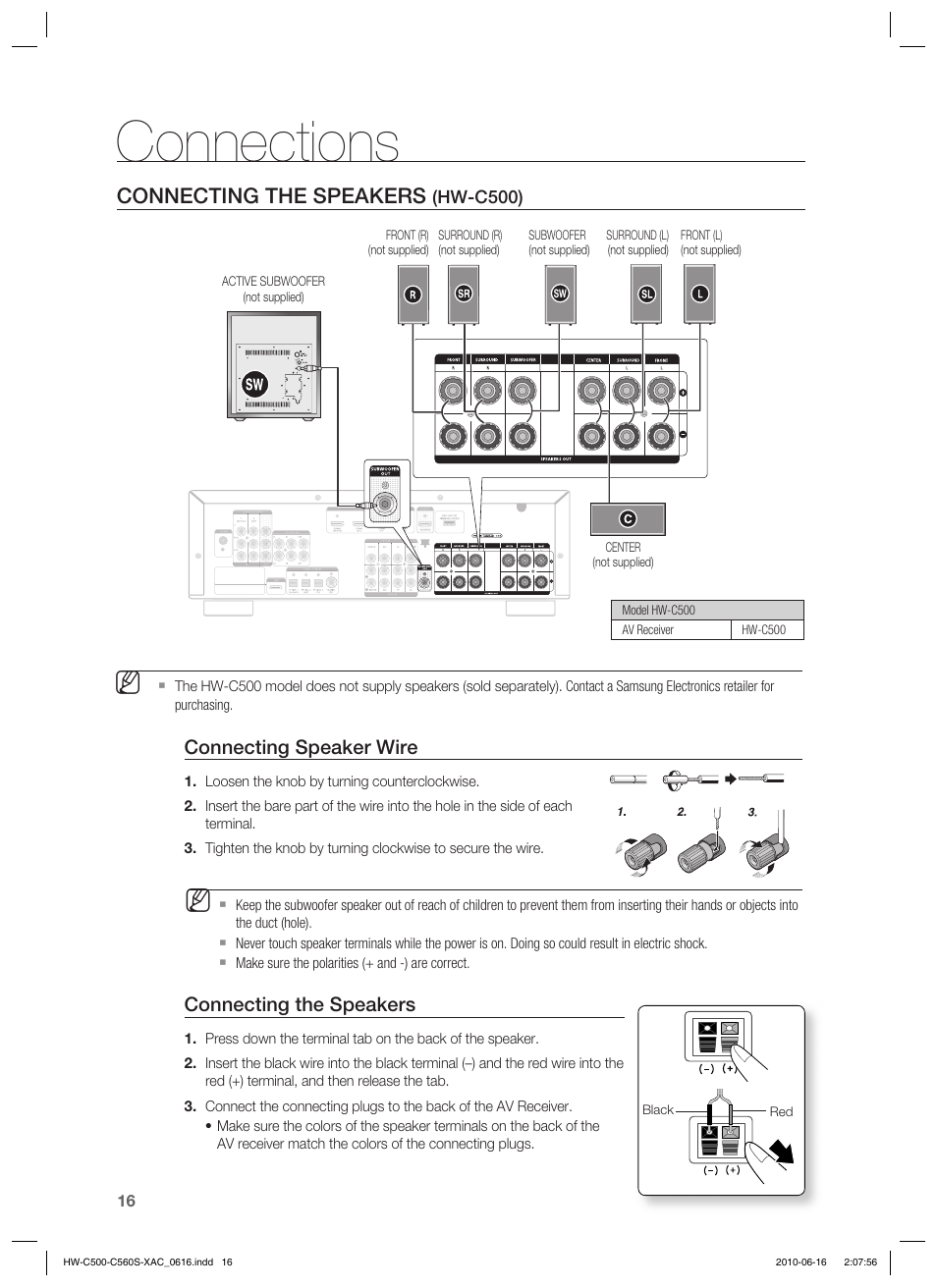 Connections, Connecting the speakers, Connecting speaker wire | Samsung HW-C500 User Manual | Page 16 / 57