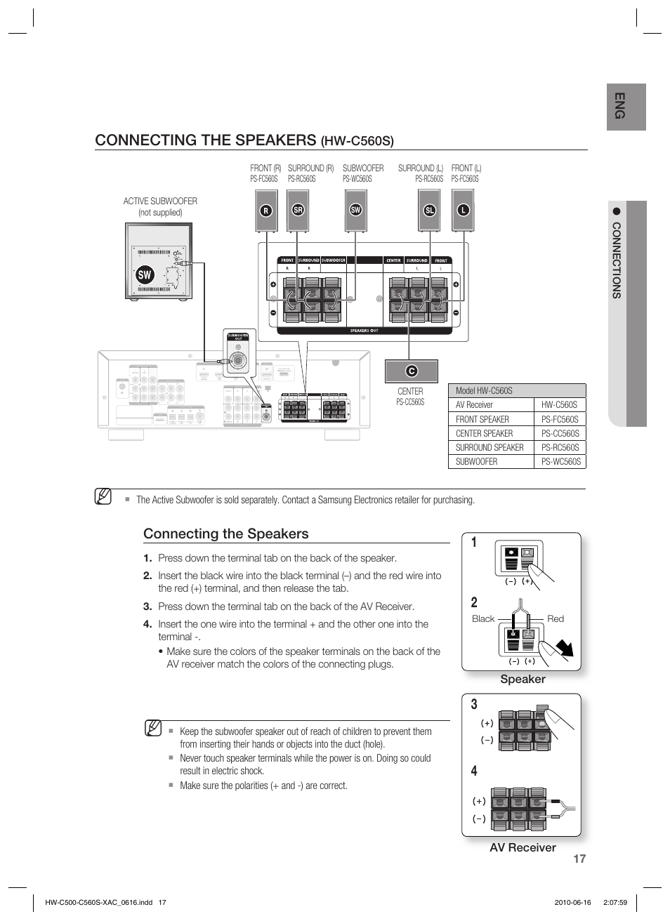 Connecting the speakers | Samsung HW-C500 User Manual | Page 17 / 57